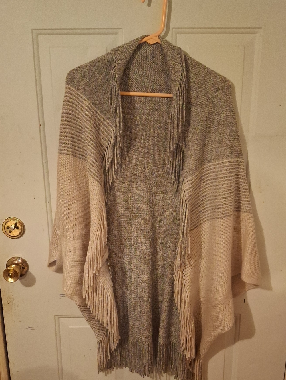 Nine West Two-Tone Fringe Open-Front Knit Cardigan in Beige and Gray